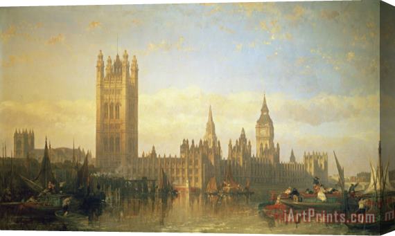 David Roberts New Palace of Westminster from the River Thames Stretched Canvas Print / Canvas Art