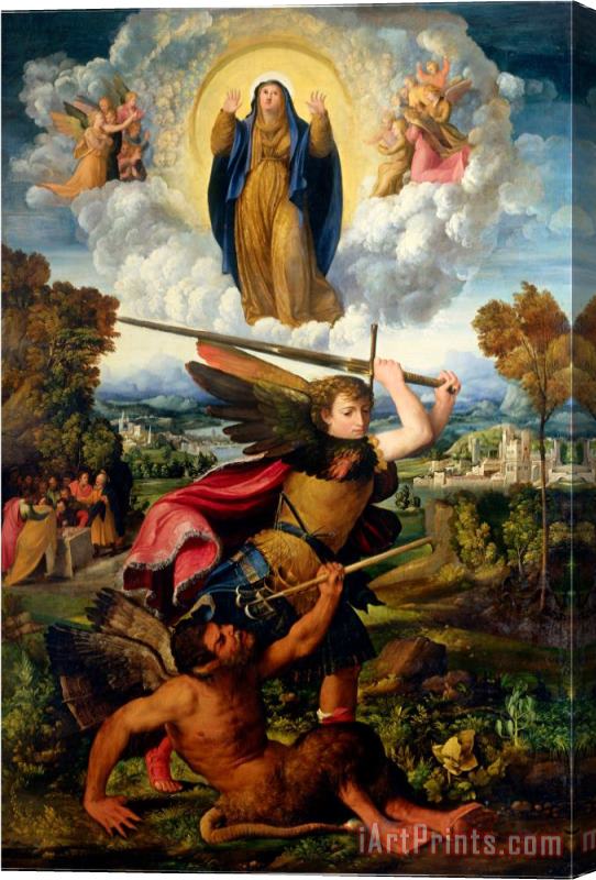 Dosso Dossi Saint Michael with The Devil And Our Lady of The Assumption Between Angels Stretched Canvas Painting / Canvas Art