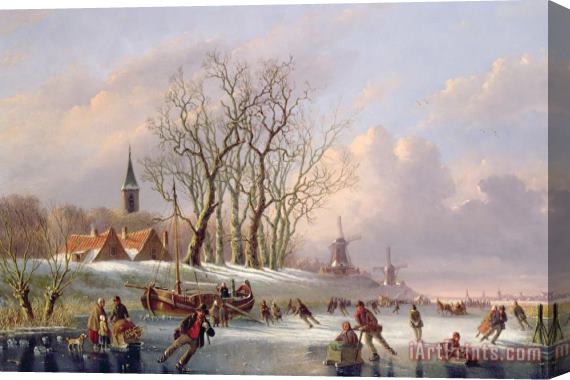 Dutch School Skaters on a Frozen River before Windmills Stretched Canvas Painting / Canvas Art