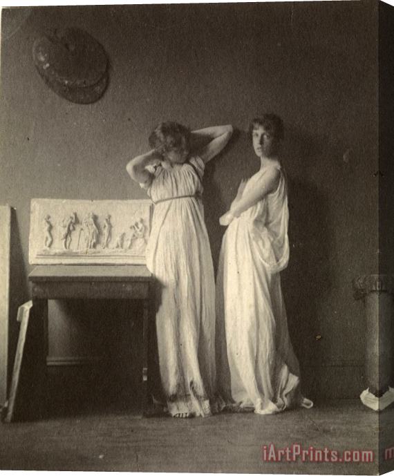 Eadweard J. Muybridge Two Female Models in Classical Costume with Eakins' Sculpture Arcadia Stretched Canvas Painting / Canvas Art