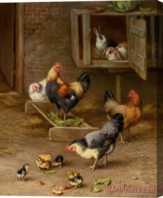Edgar Hunt Chickens Chicks And Rabbits in a Hutch Stretched Canvas Painting / Canvas Art