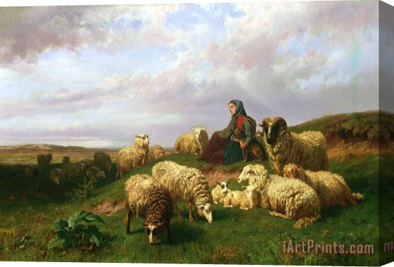 Edmond Jean-Baptiste Tschaggeny Shepherdess resting with her flock Stretched Canvas Painting / Canvas Art