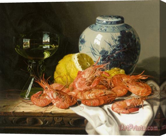 Edward Ladell Still Life with Prawns And a Delft Pot Stretched Canvas Painting / Canvas Art
