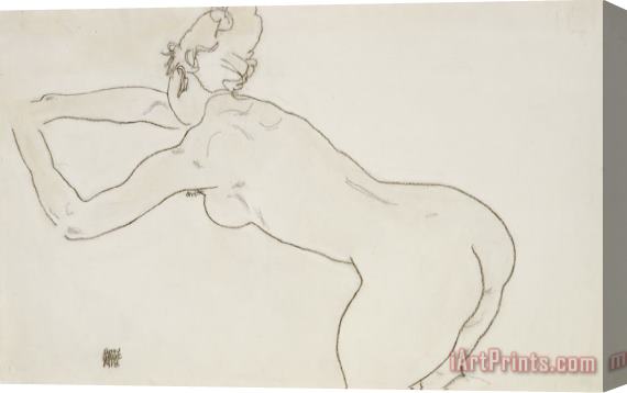 Egon Schiele Female Nude Kneeling and Bending Forward to the Left Stretched Canvas Painting / Canvas Art