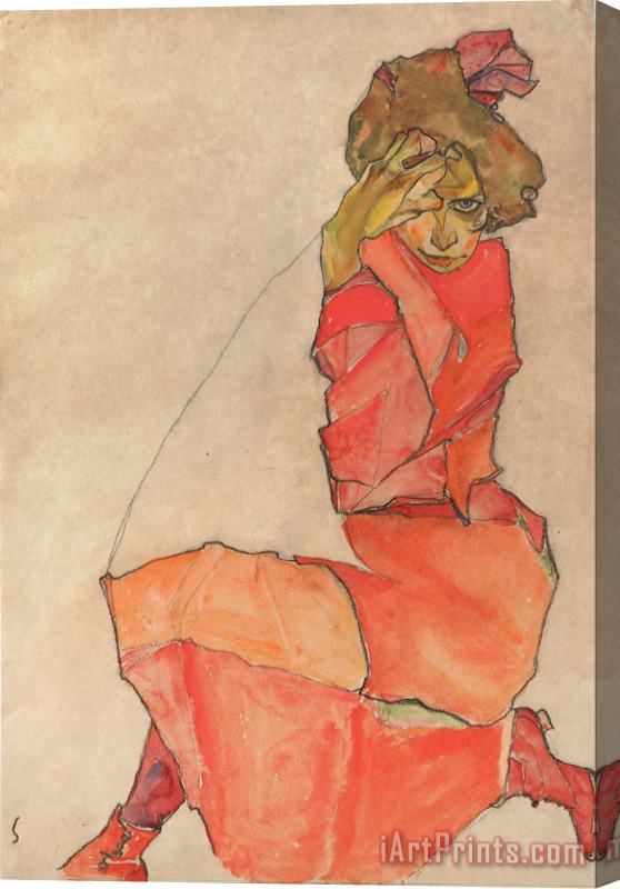 Egon Schiele Kneeling Female in Orange Red Dress Stretched Canvas Painting / Canvas Art