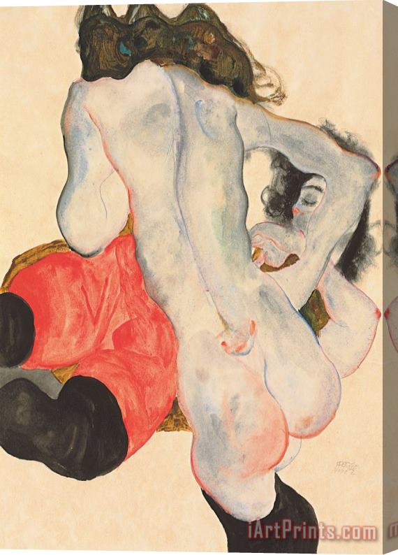 Egon Schiele Reclining woman in red trousers and standing female nude Stretched Canvas Painting / Canvas Art