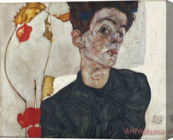 Egon Schiele Self Portrait with Physalis Stretched Canvas Painting / Canvas Art