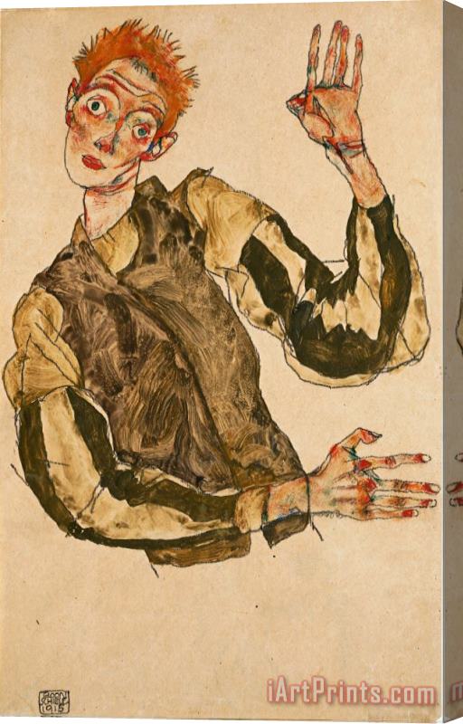 Egon Schiele Self Portrait with Striped Armlets Stretched Canvas Print / Canvas Art