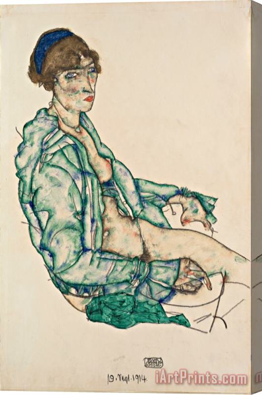 Egon Schiele Sitting Semi Nude with Blue Hairband Stretched Canvas Painting / Canvas Art