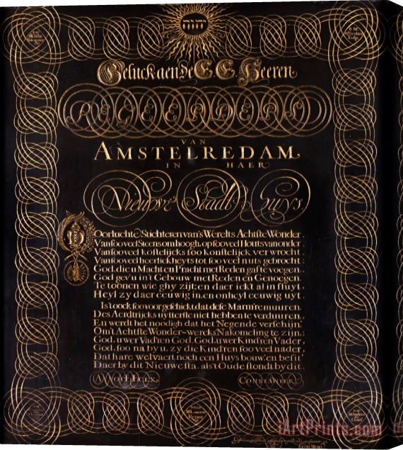 Elias Noski Engraved Poem by C. Huygens 'geluck Aen De E.e. Heeren Regeerders Van Amstelredam...' Stretched Canvas Painting / Canvas Art