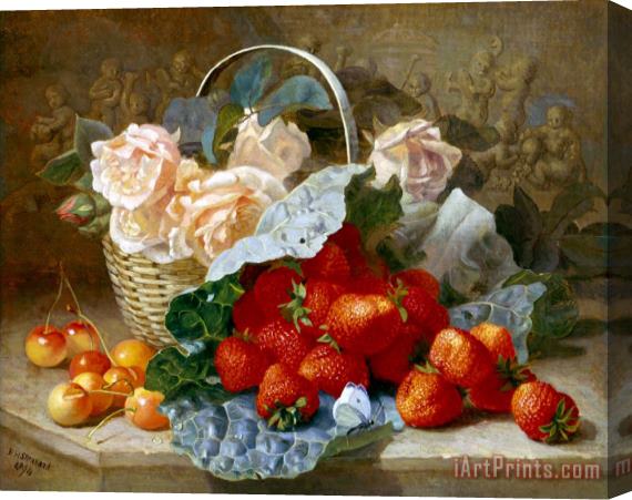 Eloise Harriet Stannard Still Life of Summer Fruit And Peach Roses Stretched Canvas Painting / Canvas Art