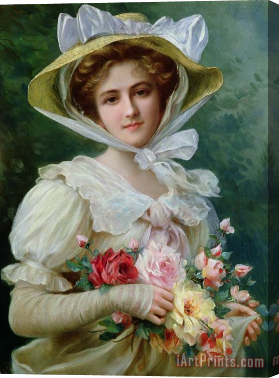 Emile Vernon Elegant lady with a bouquet of roses Stretched Canvas Painting / Canvas Art