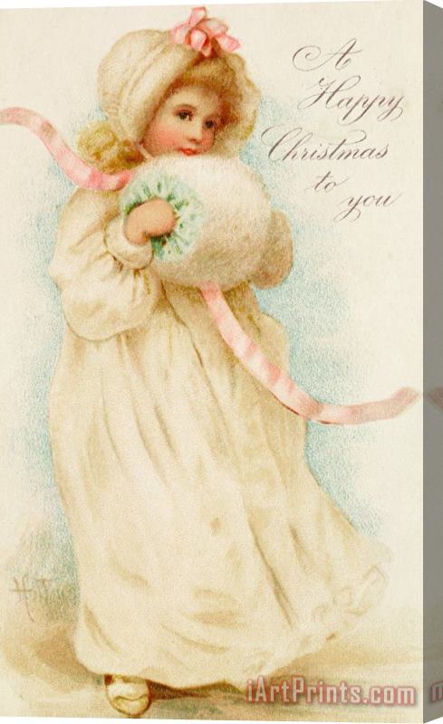 English School Christmas card depicting a girl with a muff Stretched Canvas Print / Canvas Art