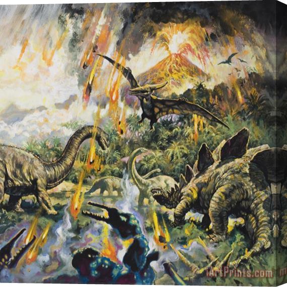 English School Dinosaurs and Volcanoes Stretched Canvas Print / Canvas Art