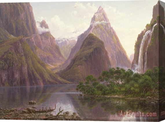 Eugen von Guerard Native figures in a canoe at Milford Sound Stretched Canvas Print / Canvas Art
