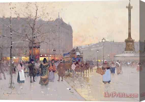 Eugene Galien-Laloue Figures in the Place de la Bastille Stretched Canvas Painting / Canvas Art