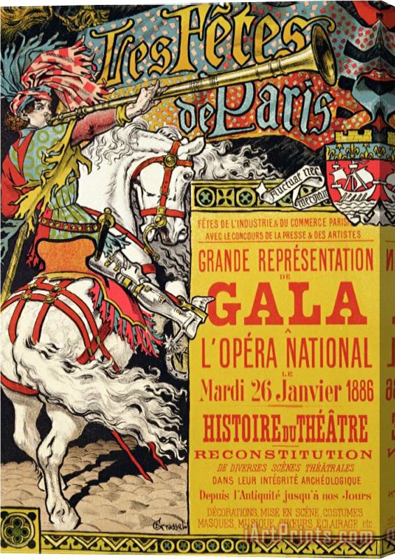 Eugene Grasset Reproduction of a Poster Advertising The Fetes De Paris at The Opera National Paris 1885 Stretched Canvas Print / Canvas Art