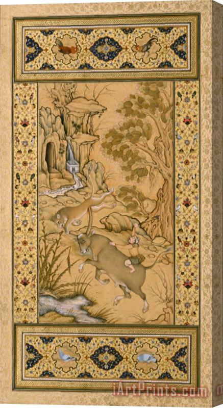 Farrukh Chela Leaf From The Muraqqa Gulshan a Buffalo Fighting a Lioness (recto) Calligraphy (verso) Stretched Canvas Painting / Canvas Art