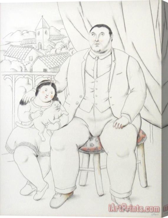 Fernando Botero Man with Little Girl And Cat, 2013 Stretched Canvas Painting / Canvas Art