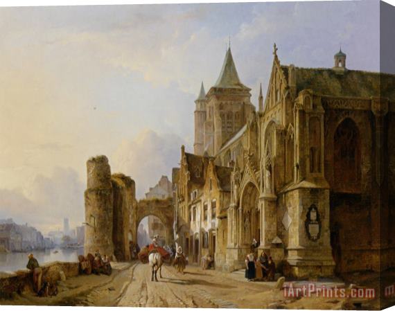 Francois Antoine Bossuet Figures in The Streets of a Riverside Town Stretched Canvas Print / Canvas Art