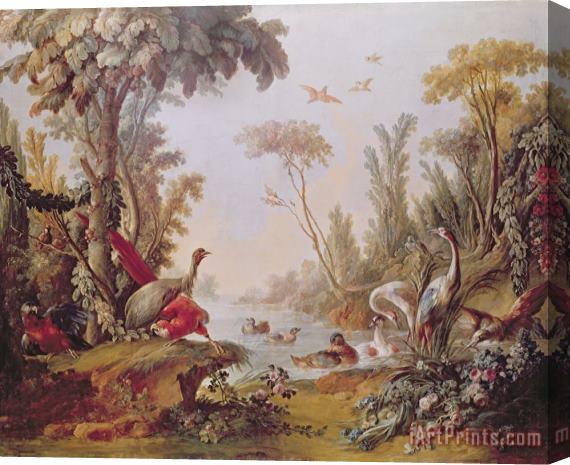 Francois Boucher Lake with geese storks parrots and herons Stretched Canvas Painting / Canvas Art