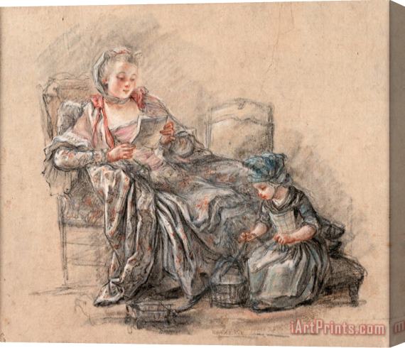 Francois Guerin Woman Reading And a Girl Playing (presumably The Marquise De Pompadour with Her Daughter Alexandrine), 1748 Stretched Canvas Painting / Canvas Art
