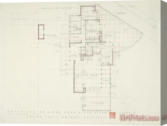 Frank Lloyd Wright John E. Christian House (general Plan), West Lafayette, Indiana. Stretched Canvas Painting / Canvas Art