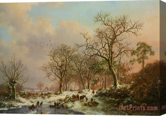 Frederik Marianus Kruseman Wood Gatherers in a Winter Landscape with a Castle Beyond Stretched Canvas Print / Canvas Art