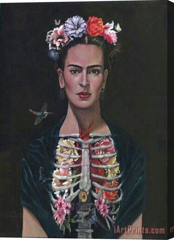 Frida Kahlo Rib Cage Flowers And Red Lips Stretched Canvas Painting / Canvas Art