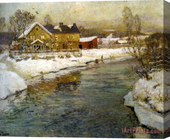 Fritz Thaulow Cottage by a Canal in The Snow Stretched Canvas Print / Canvas Art