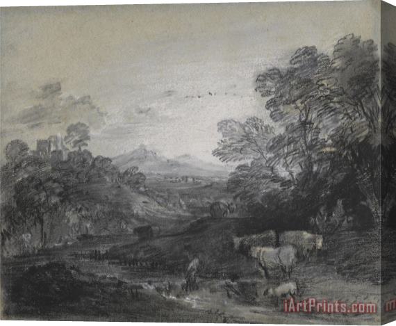 Gainsborough, Thomas Wooded Landscape with Herdsmen And Cattle, Buildings on a Hill, And Rustic Lovers Stretched Canvas Painting / Canvas Art