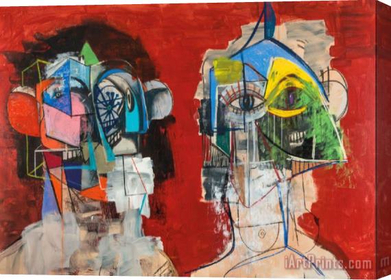 George Condo Double Heads on Red George Condo Stretched Canvas Painting / Canvas Art