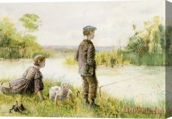George Goodwin Kilburne Children Fishing By A Stream Stretched Canvas Print / Canvas Art