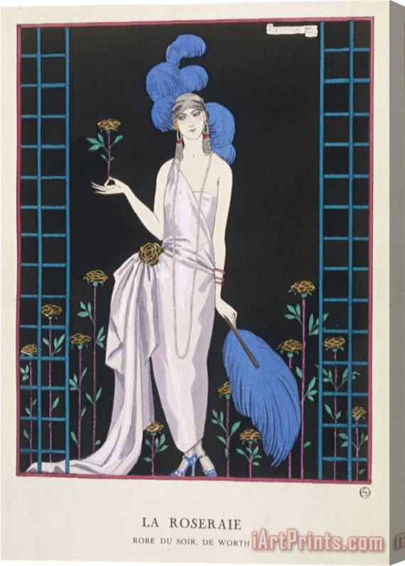 Georges Barbier Asymmetrical Evening Gown by Worth with a Low Diagonal Waistline And a Long Flowing Train Stretched Canvas Painting / Canvas Art