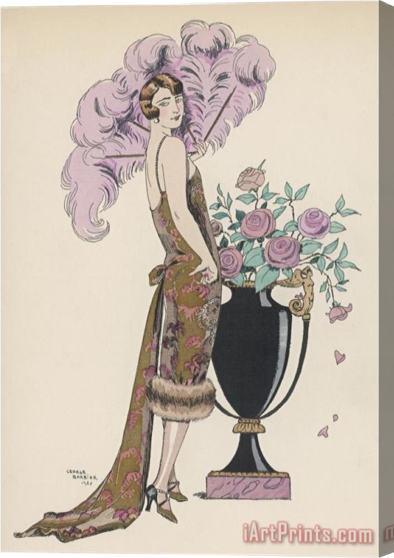 Georges Barbier Frock Fur And Feather Fan Stretched Canvas Print / Canvas Art