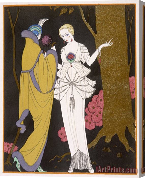 Georges Barbier Mantle with a Yoke Voluminous Sleeves And Fur Trim And Close Fitting Hat with Aigrette Stretched Canvas Print / Canvas Art