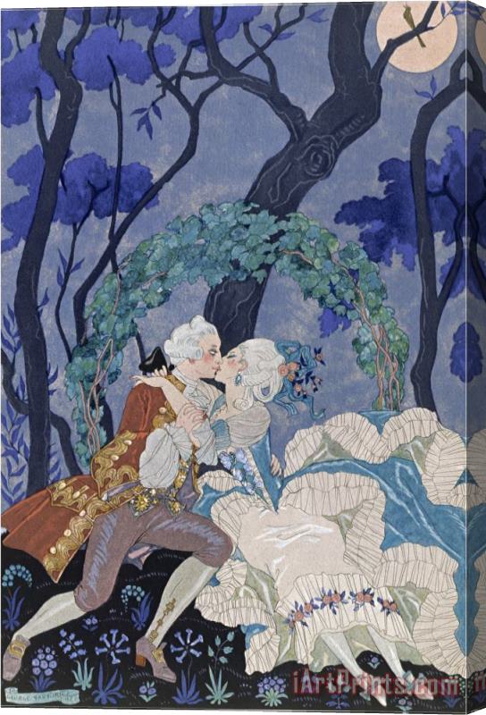 Georges Barbier Secret Kiss Illustration for Fetes Galantes by Paul Verlaine 1844 96 1928 Pochoir Print Stretched Canvas Painting / Canvas Art