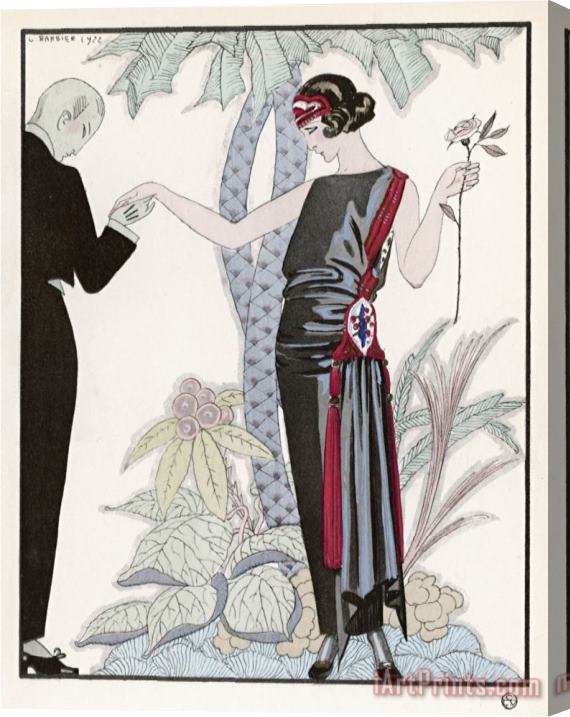 Georges Barbier Sleeveless Slash Neck Chinese Or Orientally Inspired Black Dress by Worth with Red Tassel Detail Stretched Canvas Print / Canvas Art