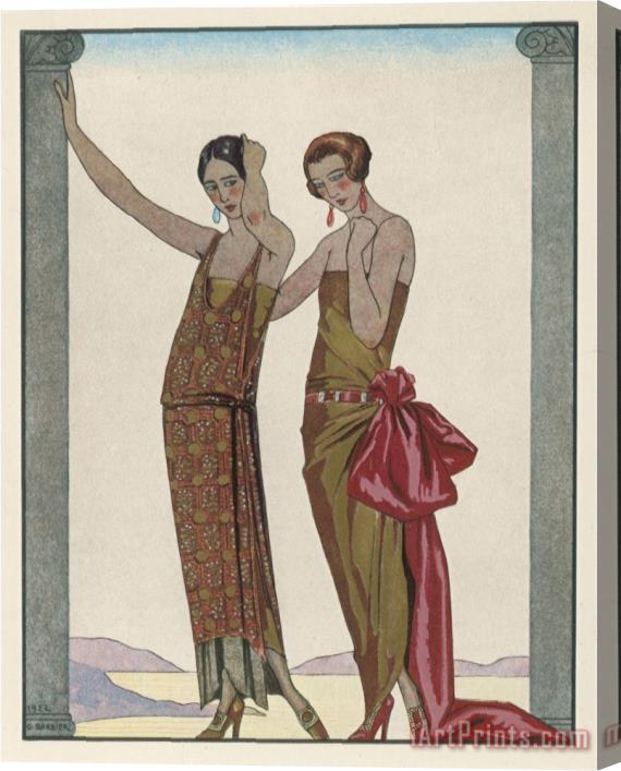Georges Barbier Strapless Gold Dress Draped Up Over One Hip And Tied with a Large Sash Bow Which Creates a Train Stretched Canvas Painting / Canvas Art