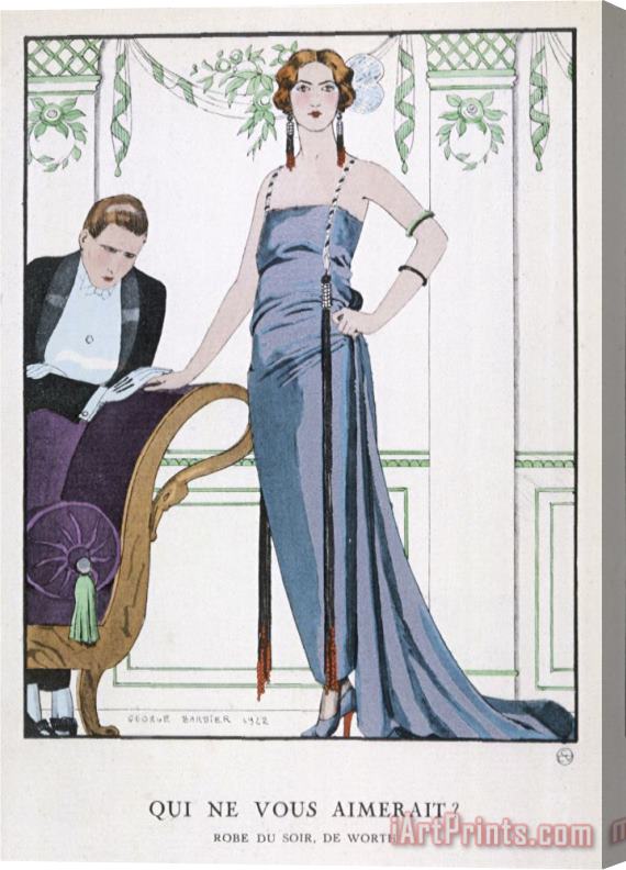 Georges Barbier Tubular Grey Evening Gown by Worth with Any Fullness Drawn Over One Hip Stretched Canvas Painting / Canvas Art