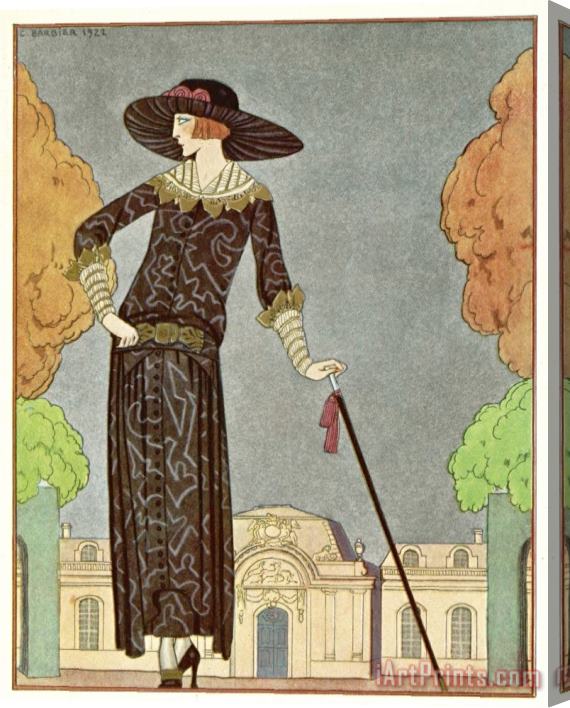 Georges Barbier Two Piece Barrel Line Dress by Beer with Button Front Deep Cuffs En Bouffants Vandyked Collar Stretched Canvas Print / Canvas Art