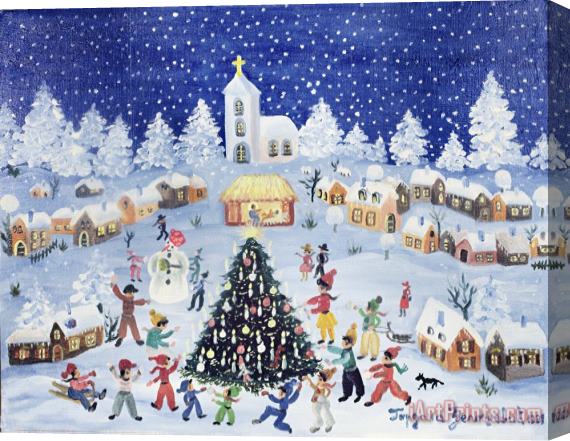 Gordana Delosevic Snowy Christmas In A Village Square Stretched Canvas Print / Canvas Art