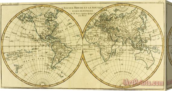 Guillaume Raynal Map of the World in two Hemispheres Stretched Canvas Print / Canvas Art