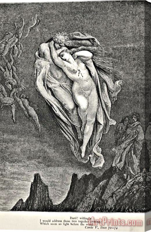 Gustave Dore Dante's Vision Of Hell Illustration Engraving Couple In Wind Stretched Canvas Print / Canvas Art
