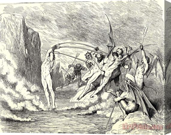 Gustave Dore The Inferno, Canto 21, Lines 5051 This Said, They Grappled Him with More Than Hundred Hooks Stretched Canvas Painting / Canvas Art