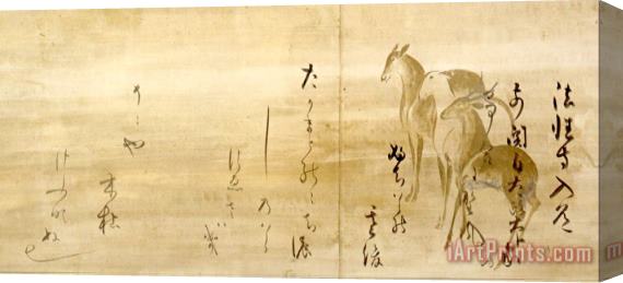 Honami Koetsu Calligraphy of Poems From The Shinkokin Wakashu on Paper Decorated with Deer Stretched Canvas Painting / Canvas Art