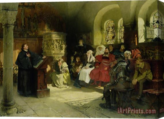 Hugo Vogel Luther Preaches using his Bible Translation while Imprisoned at Wartburg Stretched Canvas Print / Canvas Art