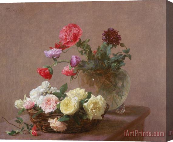 Ignace Henri Jean Fantin-Latour Poppies in a Crystal Vase - or Basket of Roses Stretched Canvas Painting / Canvas Art