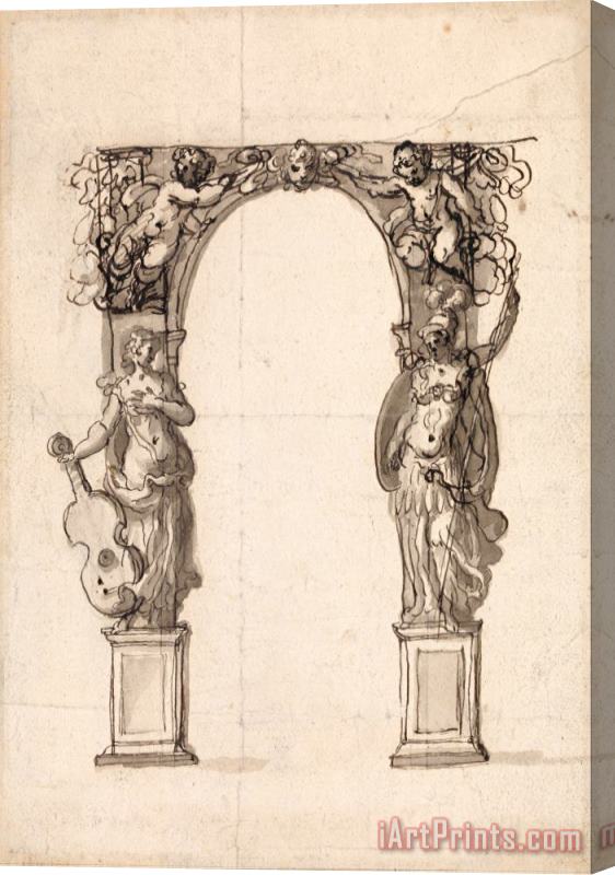 Inigo Jones Design for a Temporary Arch Ornamented with Putti And Allegorical Figures of Music And War Stretched Canvas Print / Canvas Art