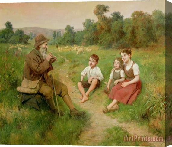 J Alsina Children Listen to a Shepherd Playing a Flute Stretched Canvas Print / Canvas Art